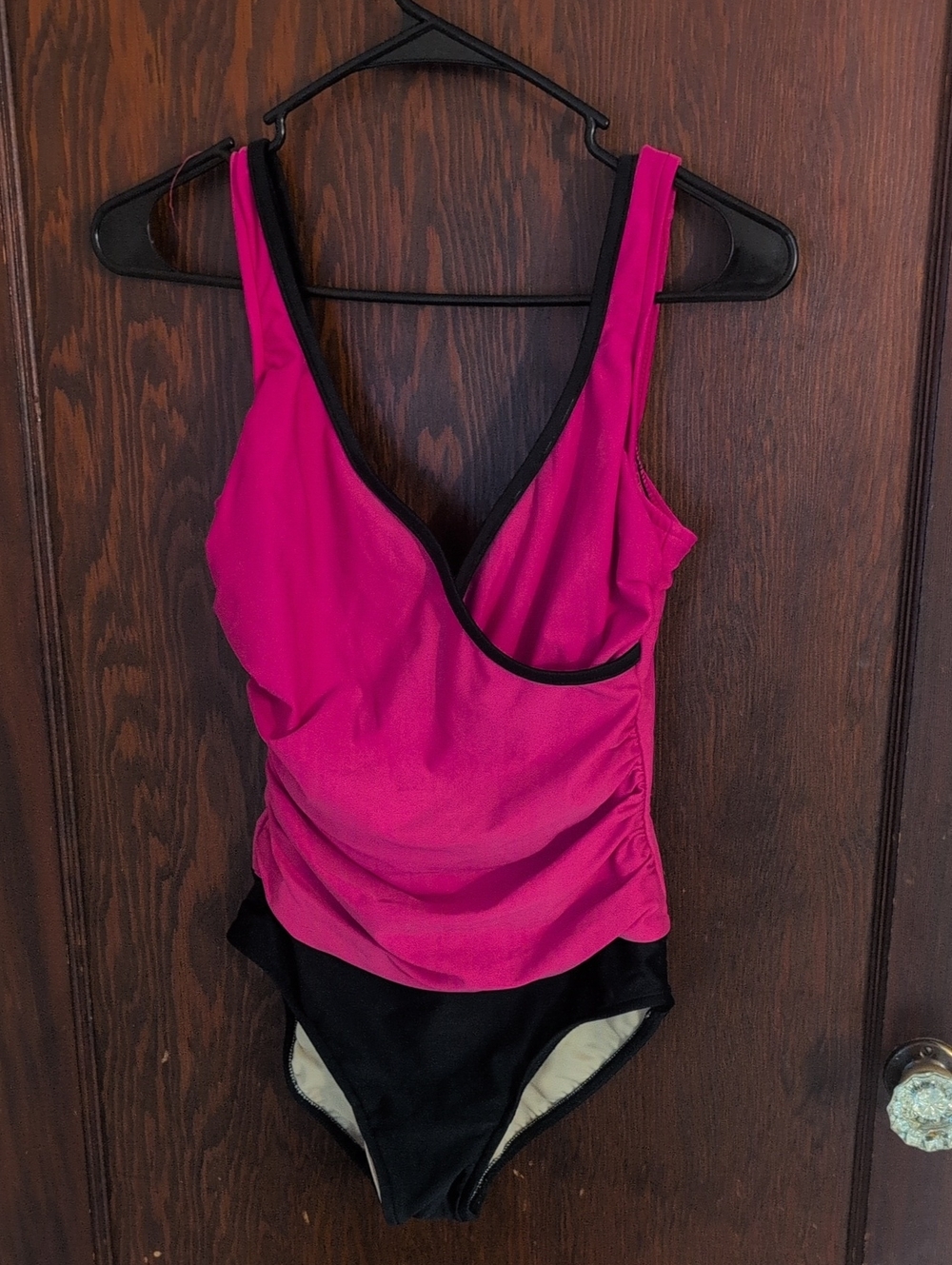 Fuchsia and Black Ruched One-Piece Swimsuit